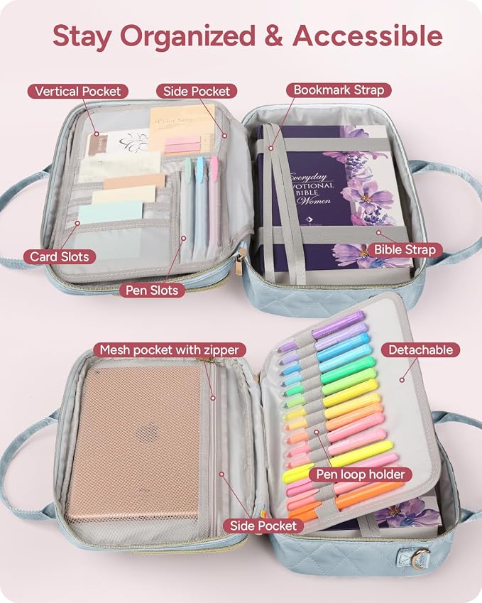 All-in-One Bible Journaling Kit – Quilted Bible Cover Case for Women, 31 Highlighters, 75 Tabs, Bible Study Supplies & Christian Gift for Women and Teens (Shoulder Strap, Grayishi Blue)