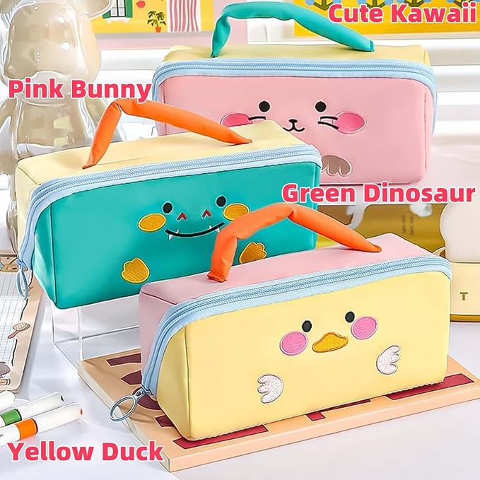 Cute Kawaii Pencil Case Pouch with Handle Cartoon Animal Large Capacity Pen Box Holder Organizer for Office Workspace Supplies Desk Accessories Travel Essentials Trendy Gift (Pink Bunny)