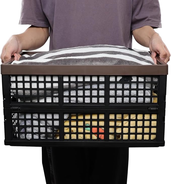 Hespama 4-Pack 42 L Plastic Collapsible Storage Crate, Folding Milk Crate | Stackable Storage Basket, Foldable