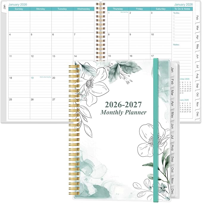 2026-2027 Monthly Planner - 18 Monthly Calendar, January 2026 - June 2027, Two Pages Per Month, 9" x11" Planner with Tabs, Strong Twin-Wire Binding, Inner Pocket, Teal Floral