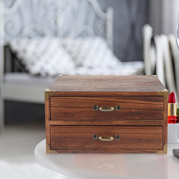 Zerodeko Vintage Wooden Drawer Storage Cabinet with 2 Drawers Compact Desktop Organizer for Office Supplies Makeup Jewelry and Home Storage 9.44X7.08X5.11 Inches
