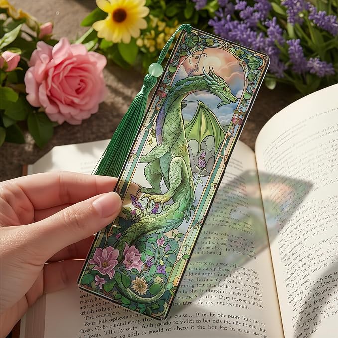 4 Pcs Stained Glass Dragon Bookmarks Gifts for Women Men, Transparent PVC Bookmark with Tassels, Cool Book Lovers Accessories, Unique Reading Book Marks for Bookish Office School
