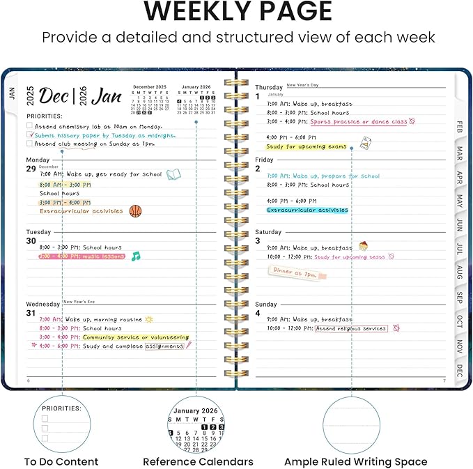 2026 Planner, Monthly and Weekly Calendar Planner for Women, Jan 2026 - Dec 2026, Hardcover Pretty 2026 Agenda Planner Book with Tabs, Spiral Bound, Perfect for School Office Home Supplies, 6.3" x 8.5" - Starlit Peaks