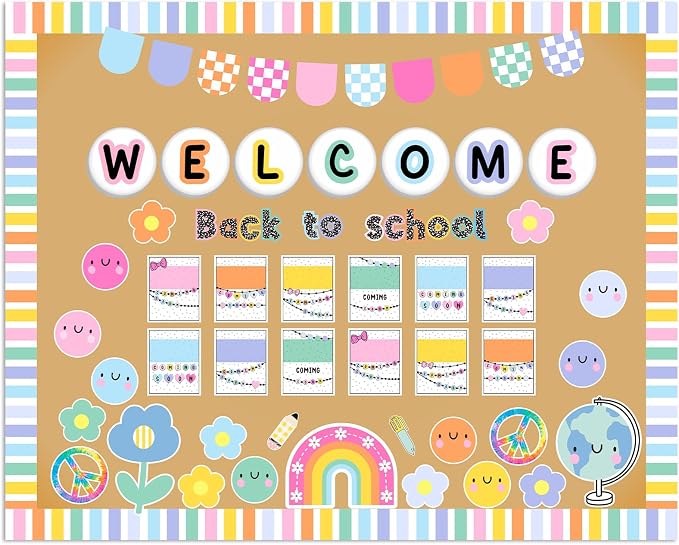 Mooliwe 94 Pcs Composition Notebook Classroom Decor Welcome Back to School Bulletin Board Set Checkered Classroom Decor Smile Face Stationery Paper Cutouts for First Day of School Wall Door(Colorful)