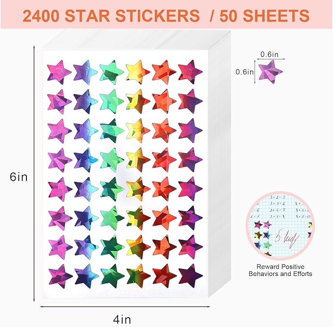 2400 PCS Star Stickers for Kids Reward - Holographic Star Stickers Reward Stickers for Behavior Chart School Classroom Teacher Supplies 0.6" Small Teacher Stickers for Classroom