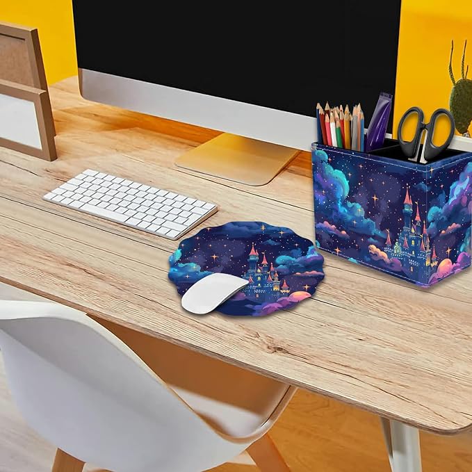 Pen Holder for Desk, PU Leather Multifunctional Desktop Storage Box and Anti-Slip Mouse Pad Set, Makeup Brush Holder Pen Organizer for Office and Home - Astral Cloud Castle