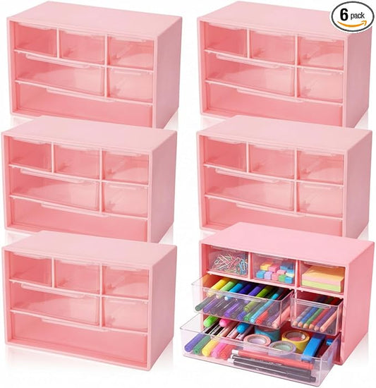 Briwooody 6 Pack Desk Storage Organizer with 6 Drawers 3 Tier Stackable Desktop Storage Box Drawers 7.1''x3.9''x4.7 ''plastic Craft Organizer Drawer for Stationery Makeup Office School(Pink)