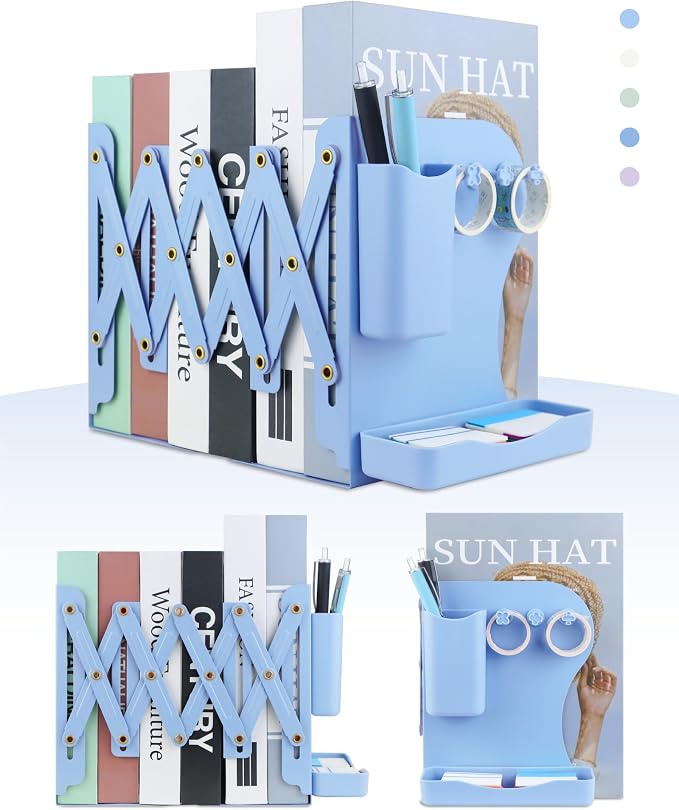 Heavy Duty Bookends Adjustable Book End, Desk Book Holder for Shelves, Book Organizer for Desk, Suitable for Office Home School (19.69 inches Max) (Light Blue)