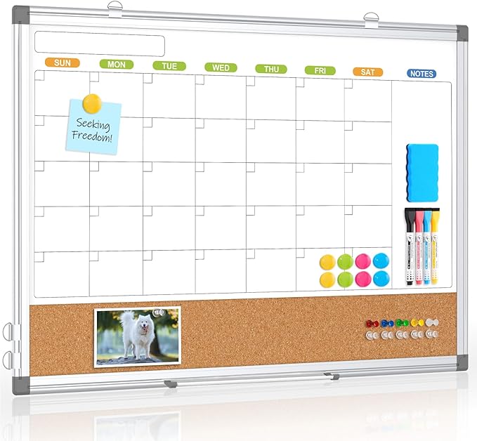 Dry Erase Calendar Whiteboard for Wall, WALGLASS 24" x 18" Double-sided Monthly Calendar White Board Cork Combo, Hanging Wall Mounted Bulletin Corkboards Silver Aluminum Frame for Home, Office, School