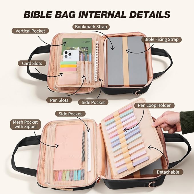 KOPKOFT Bible Cover Case for Women, All-in-One Bible Study Supplies Journaling Kit with Highlighters Tabs, Quilted Book Carrying Cases, Christmas Christian Gifts for Women (Black)