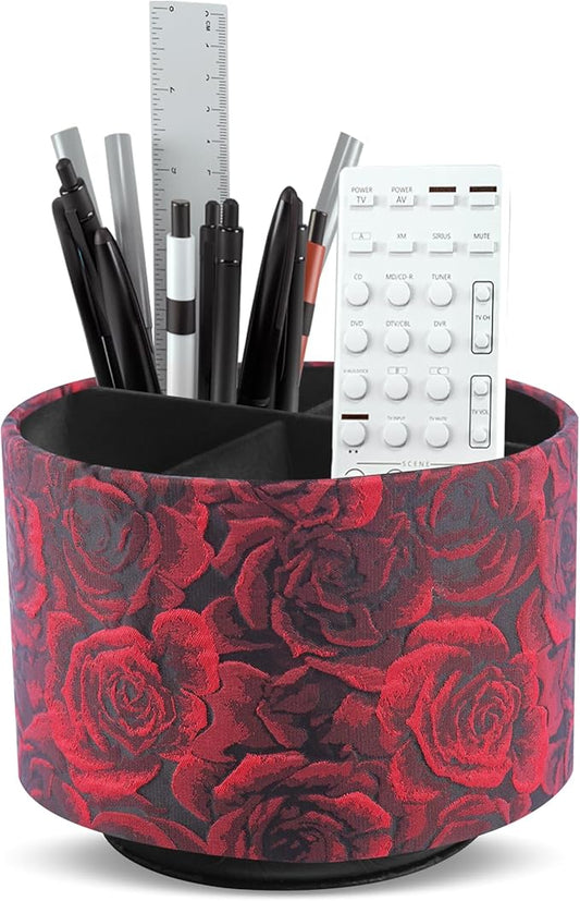 Round Leather Art Supply Organizer,Remote Control Holder,360 Degree Rotating,Multi-Functional Pencil Holder,4 Compartments Desktop Stationary Organizer(1-3D Rose Red)