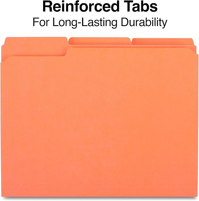 Staples Reinforced Colored File Folders, Letter Size, 3‑Tab Design, Orange, Heavy‑Duty Construction, 100/Box
