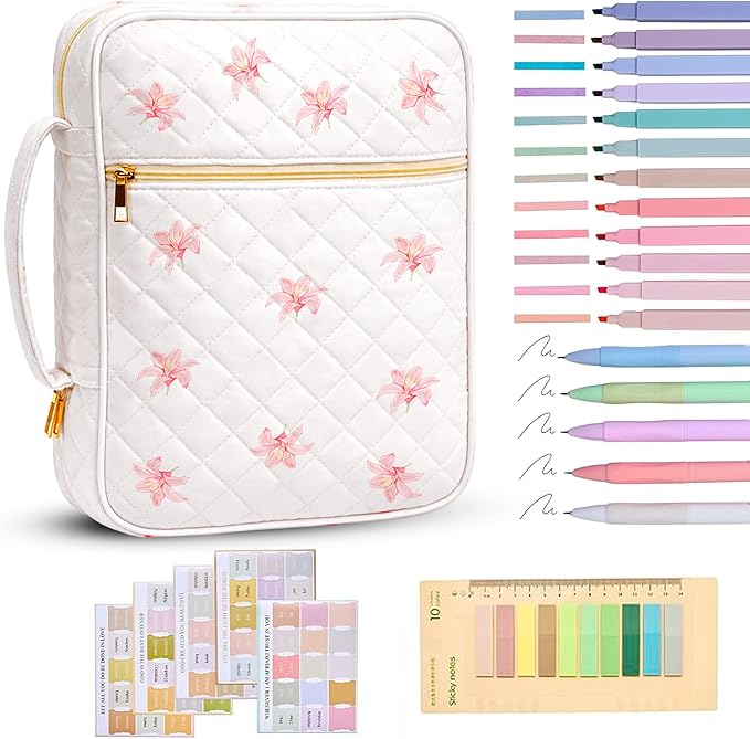 Bible Bag for Women, Bible Cover Case with Study Supplies,Large Quilted Bible Bag with Handle and Zipper, Suitable for Christian Books-Christian Gift for Girls(Lily)