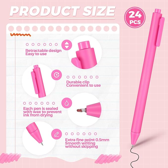 Cholemy 24 Pack Retractable Pens Bulk Pastel Gel Ink Pens 0.5mm Fine Point Tip Black Ink with Grip Smooth Writing for Journaling Note Taking School Supplies(Rose Red)