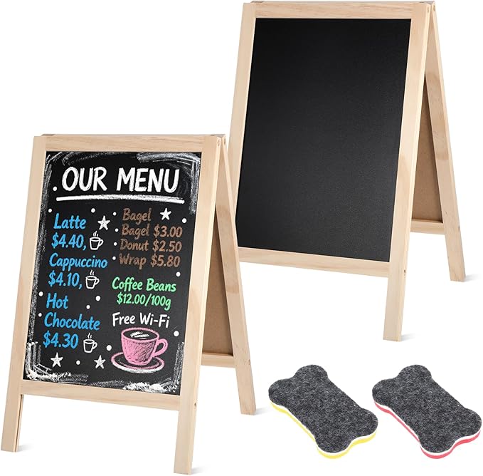 2 Pcs Chalkboard Easel, with 2 Erasers, 15.7x9.8 in Tabletop Stand Chalkboards, Double-Sided A Frame Chalkboard Sign, Tabletop Menu Wooden Board, for Menu, Kitchen, Restaurant, Bar, Wedding, Home Dec