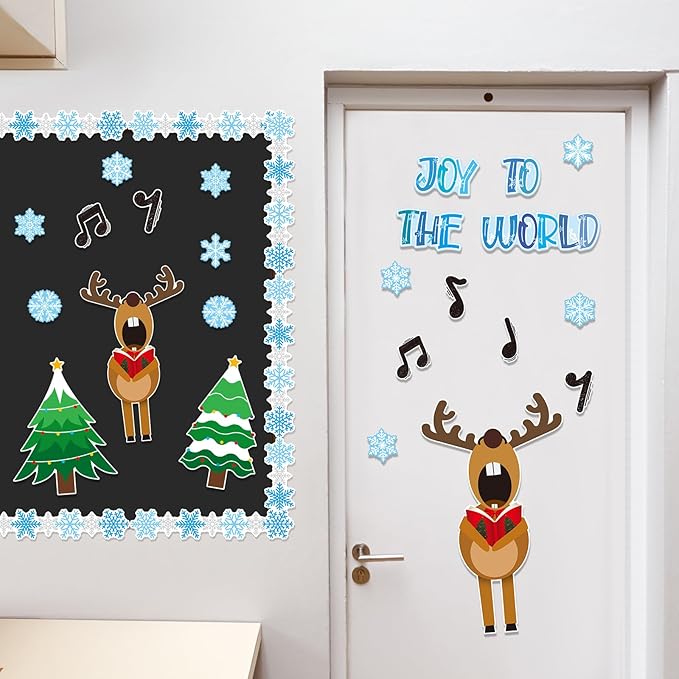 Fuutreo 62 Pcs Christmas Bulletin Board Decoration Christmas Reindeer Music Classroom Bulletin Board Sets Joy to The World Snowflakes Paper Cutouts for Xmas Party Supplies School Winter Holiday Decor