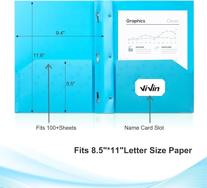 ViVin Plastic Folders with Pockets and Prongs,6 Pack,Heavy Duty 2-Pocket File Folder with 3 Fasteners,Fits Letter Size Paper,for School Home and Office(Bright Blue)