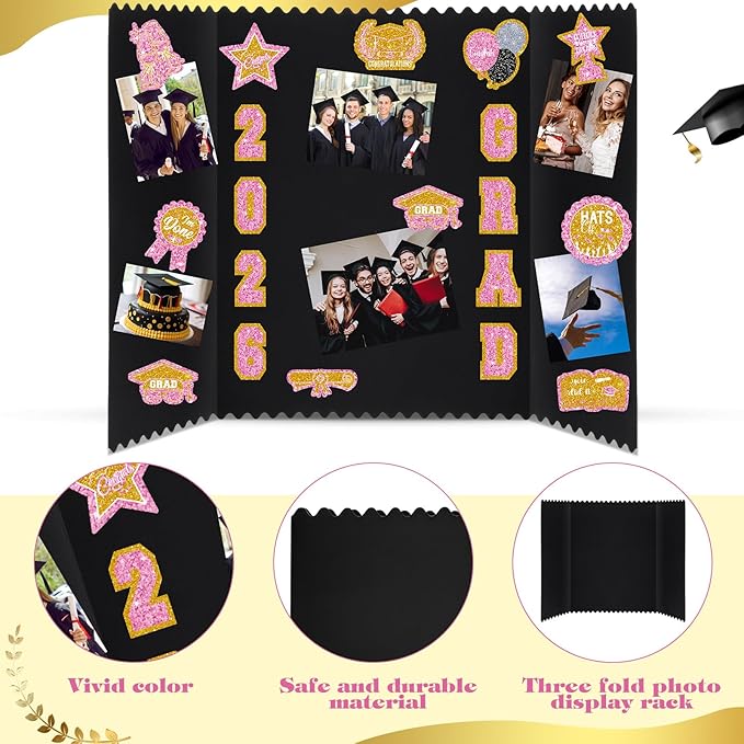 AmazingSpark 4 Sets Graduation Photo Display Board Trifold Poster Board with 12 Graduation Themed Stickers for 2026 Grad Party Decoration Picture Collage Frame Supplies (24 x 16,Pink Gold)