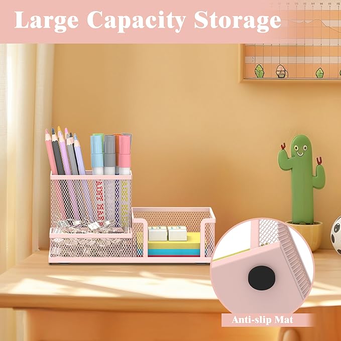 SUPEASY Mesh Pen Holder Desk Organizer, Office Supplies Pencil Storage with 3 Compartments, Office Desk Accessories and Workspace Organizers for Home School Classroom, Pink