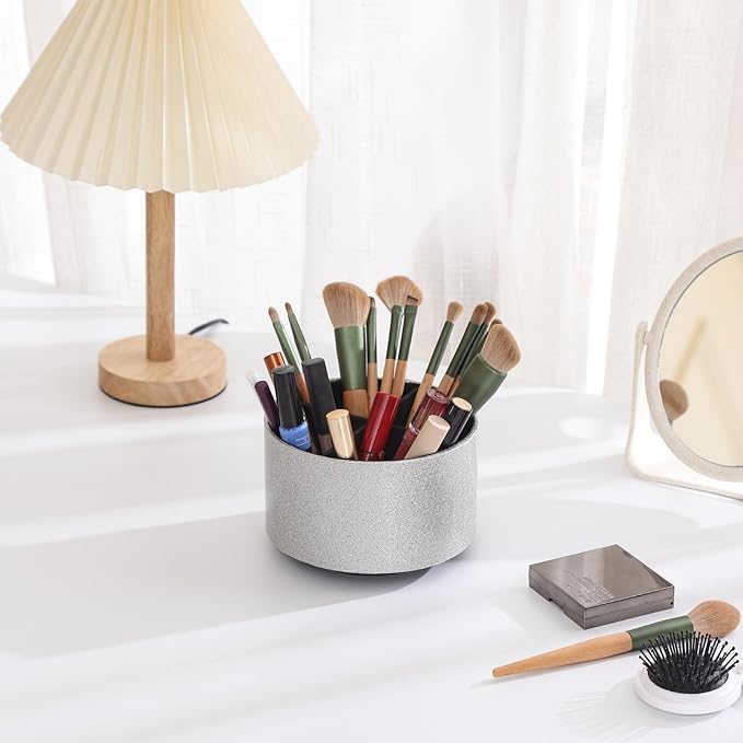 Spinning Caddy, PU Leather 360 Degree Rotating Remote Control Holder for Table with 4 Compartments, Cute Pen Holder Desk Organizer, Bling Silver PH100