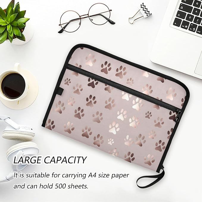 ALAZA Rose Gold Dog Paw 13 Pocket Expanding File Folder with Labels, Accordion File Folder File Organizer Letter A4 Paper for Office School Student