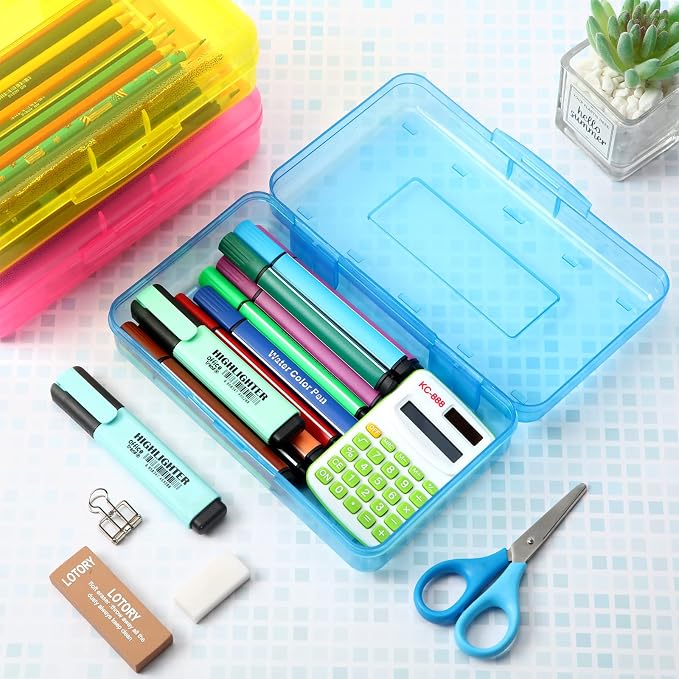 Leelosp 12 Pack Clear Pencil Boxes for School Bulk, Large Plastic Pencil Case with Lid, Stackable Hard Crayon Storage Box for Classroom Kids, Desk Drawer Organizer for Office Home(Pink Yellow Blue)