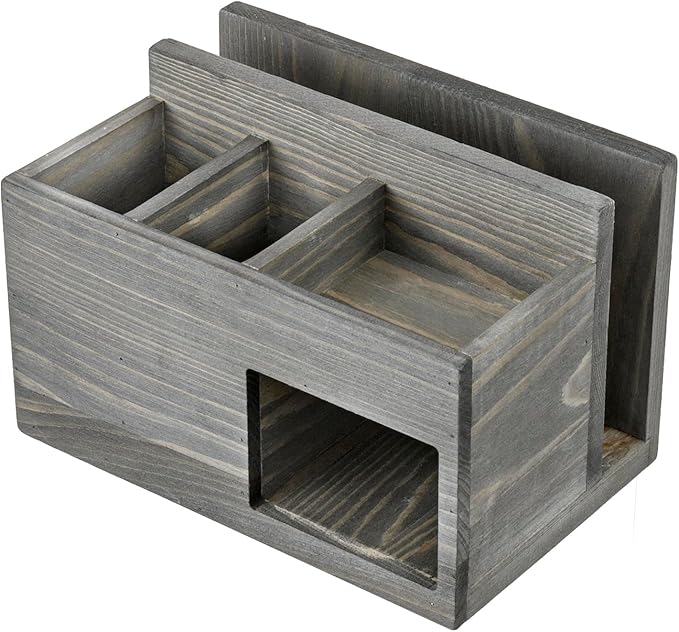 MyGift Vintage Weathered Gray Solid Wood Desktop Organizer – Mail Slot, 2 Pen Holders, Sticky Note Storage, Supplies Tray, Office Desk Caddy