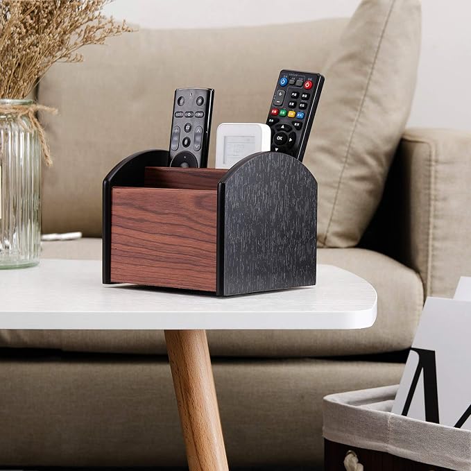 Revolving Wooden Desk Organizer 4 Compartment Remote Control Holder Brown Black Spinning Office Supplies Caddy Tabletop Storage Desktop Rotating Stationery Accessory Sorter Home