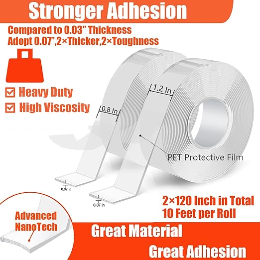 Double Sided Heavy Duty Extra Strong Adhesive Removable Tape - 1.2 & 0.8 Inch x 20 feet - Nano Tape for Poster Carpet Picture Hanging Strip Rug Wall Outdoor - Multipurpose Clear Mounting Tape