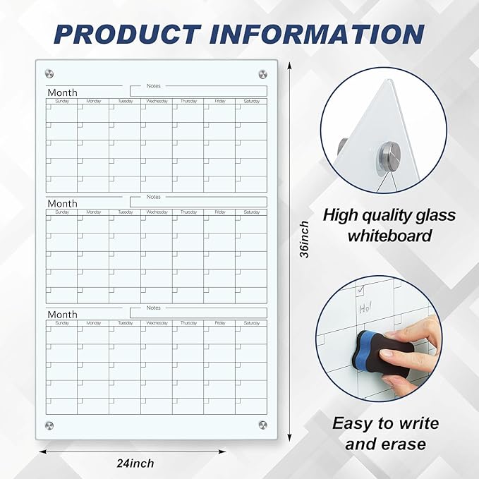 Glass Whiteboard Calendar Dry-Erase White Board Planner Glass Large Wall Mounted Calendar with Marker Tray for Wall Home or Office(Transparent,36" X 24",3 Month)