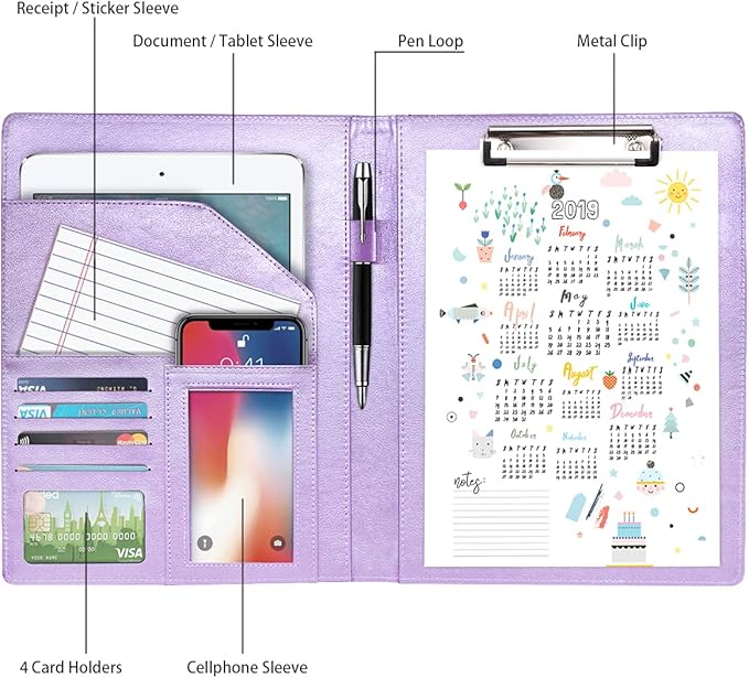 Padfolio/Resume Portfolio Folder for Women,WAVEYU Cute Pink Padfolio Cover Folder, Conference/Legal Document Organizer with Letter/A4 Size Clipboard, Document Sleeve,Glitter Purple