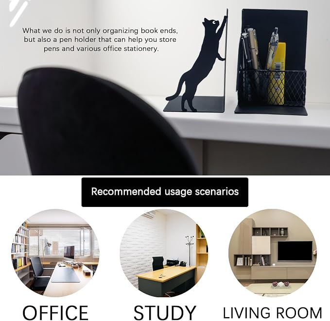 Cat Book Ends for Shelves, Metal Decorative Book Ends with Pen Holder, Fun Unique Bookends, Cool Black Cat Bookends for Home Office Desk Bookshelf Decor, Gift for Cat Lovers and Reading Enthusiasts