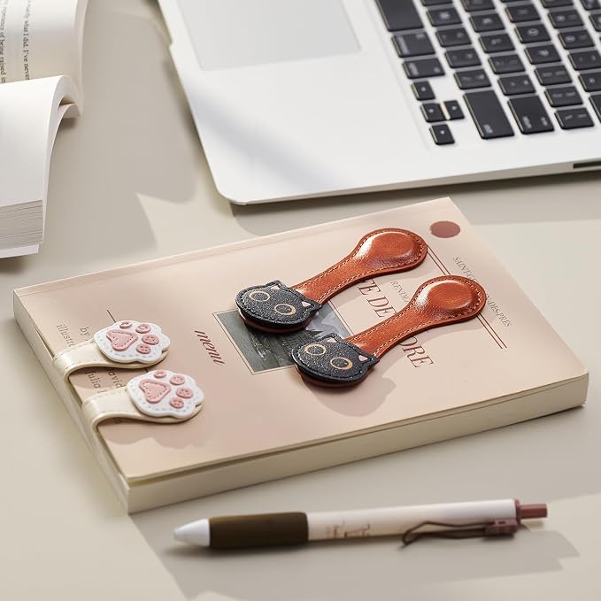 2Pcs Magnetic Leather Bookmarks with Gift Box Magnetic Pen Holder Book Marks Clip Gift for Book Lover Readers Men Women Teachers Students, Cat (Brown+Brown)
