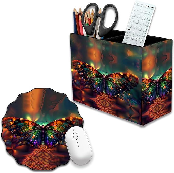 Pen Holder and Anti-Slip Mouse Pad Combination, Makeup Brush Storage Box, Tableware Storage Box, Suitable for Office and Home - Psychedelic Butterfly