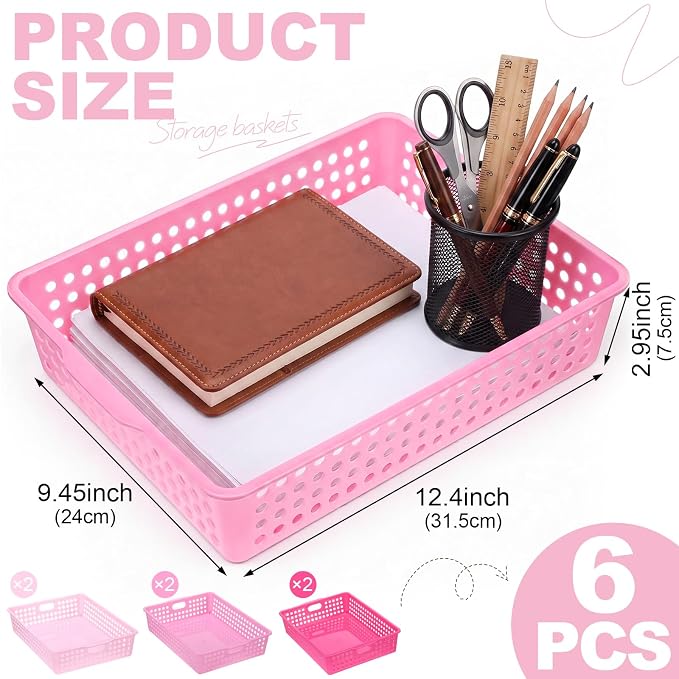 Pink 6 Pack Plastic Classroom Paper Baskets, Turn in Trays, Organizing Desk Tray for A4 Papers, Classroom Storage Turn in Bins, for Teachers and Students, Office Desk Room Trays