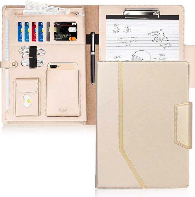 Toplive Padfolio Portfolio Case, Executive Business Padfolio with Document Sleeve, Letter/A4 Size Clipboard, Business Card Holders, Portfolio for Women & Men, Matte Gold
