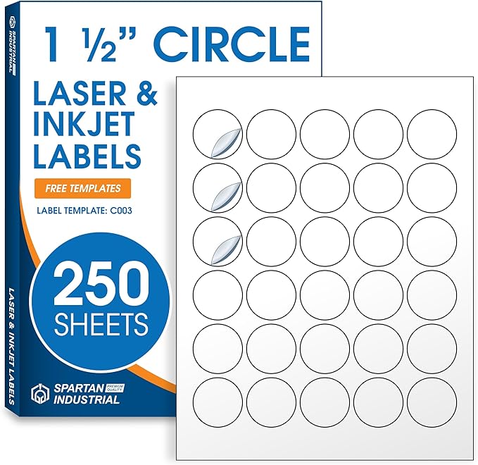 1.5" Printable Round Labels for Laser and Inkjet Printers - 7500 Blank Labels, 250 Sheets for Thank You Stickers, Price Tags, QR Codes, Business Logos - Spartan Industrial Template C003