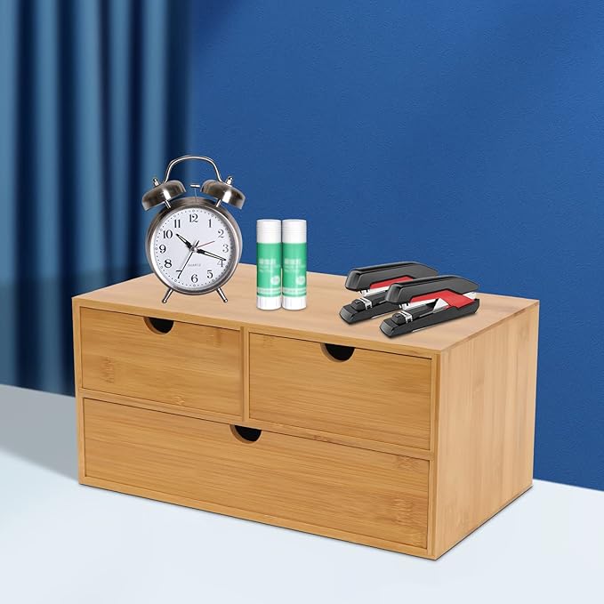 Bamboo Desk Organizer With 3 Drawers, 3 Drawers Counter Storage Countertop Drawers Box,Modern Tabletop Organizer No Assembly Required For Office Supplies, Home, Makeup And Toiletries