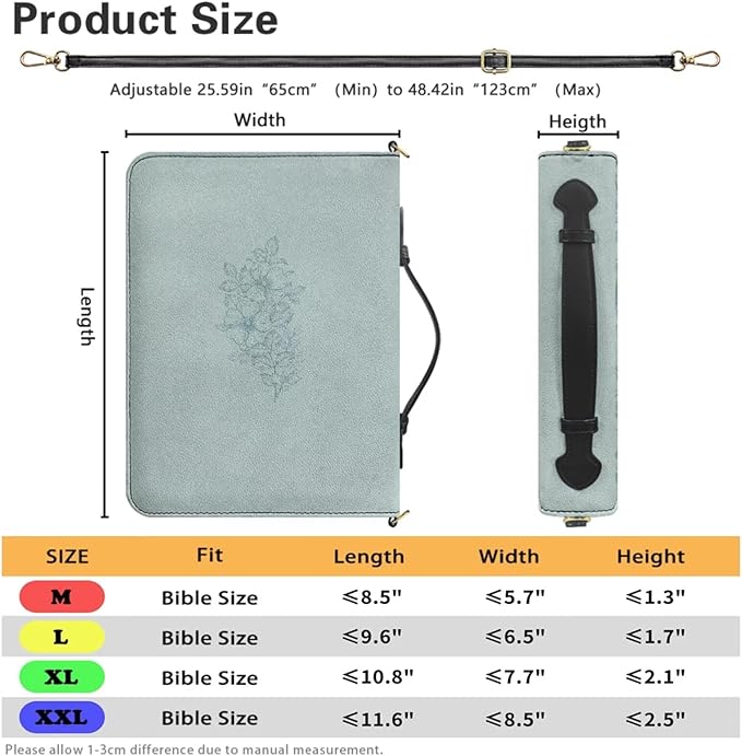 Custom Bible Covers for Women, Floral Teal Design with JER 7:7 Inspirational Bible Verse PU Leather Bible Case with Zipper, Handle & Detachable Adjustable Strap, Medium