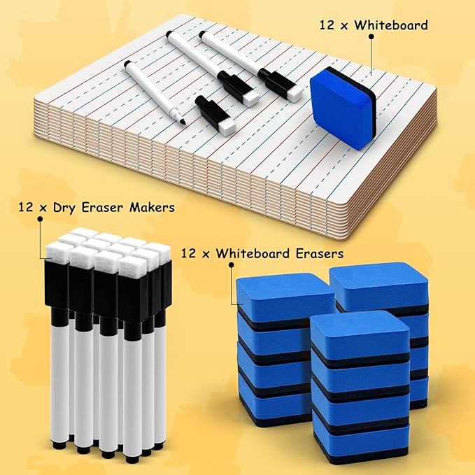 12-Piece Dry Erase Board Set, Double-Sided Small Whiteboards with Lines for Writing, Students and Teachers in Classroom, 6"x9" Mini Whiteboards, Includes 12 Markers and 12 Erasers