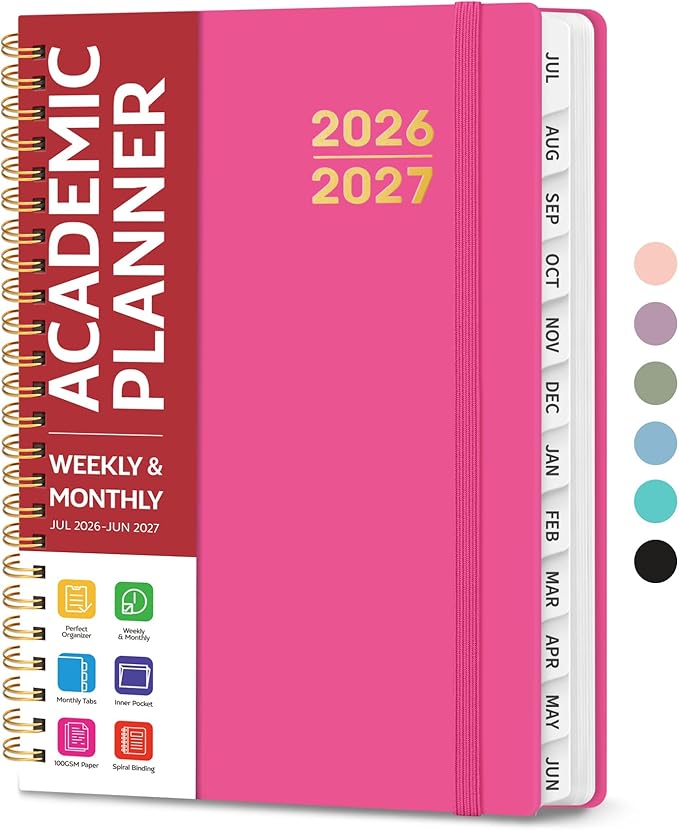 Planner 2026-2027 for Women & Men, Academic Monthly and Weekly Calendar Planner, Jul 2026 - Jun 2027, A5 (6.3" x 8.5"), Teacher Student Planning Book with Tabs, Ideal for Office School Supplies - Berry Pink