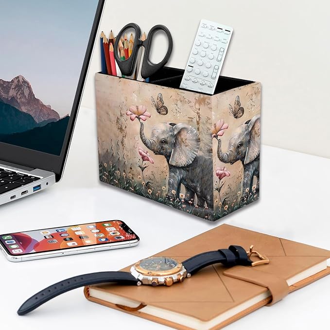 Pen Holder, Pencil Case, Makeup Brush Storage Box, Tableware Storage Box, Suitable for Office Or Home Item Organizing Stand - Cute Little Elephant Flower