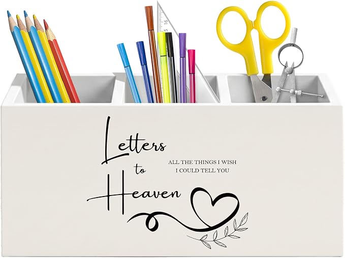 Letters to Heaven Pen Holder for Desk, Sympathy Gifts for Loss of Loved One, Remembrance Bereavement Gifts Wooden Box Pencil Pen Organizer for Home Office Desk Tabletop