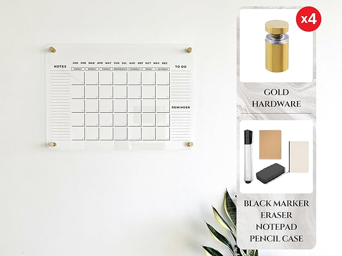 Acrylic Dry Erase Monthly Wall Calendar with 3 Side Headers - Reusable Family Planner, Schedule Organizer Board, Housewarming Gift (Gold Standoff, 24"x18")