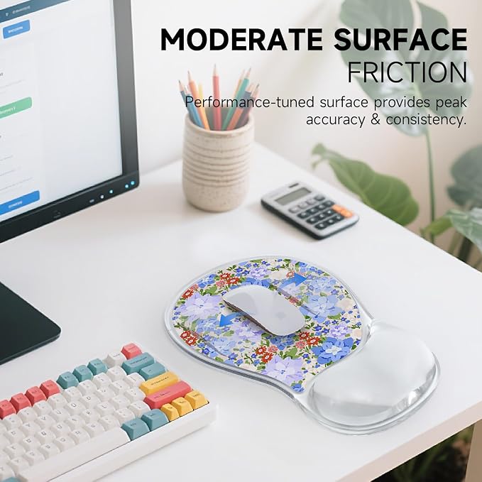 AUPET Ergonomic Mouse Pad with Gel Wrist Support – Non-Slip Mouse Mat with Comfortable Memory Gel Cushion – Relieves Wrist Pain – Designer Pattern for Home Office & Gaming (Violet-Blue Blossom Patch)