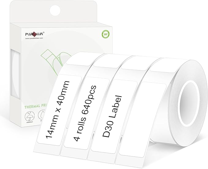 PARLAIM 14 X 40mm (0.55"x1.57") Tear-Resistant Thermal Label, 4 Rolls 640pcs OEM Label Tape Replacement Compatible with D30 Label Maker Perfect for Home/Office/School, White