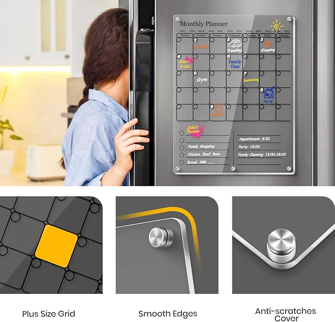 Magnetic Calendar for Refrigerator, Thick Acrylic Fridge Calendar with Strong Magnets, Clear Dry Erase White Board, 2in1 Monthly Weekly Planner, Family Organizer with 5 Color Visible Marker (Black)