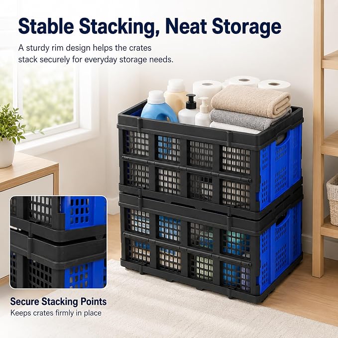 Collapsible Storage Crate, Heavy Duty Foldable Plastic Storage Bin, Stackable Trunk Organizer for Car, Garage, Home & Office, 49L Utility Basket, Blue, 1 Pack