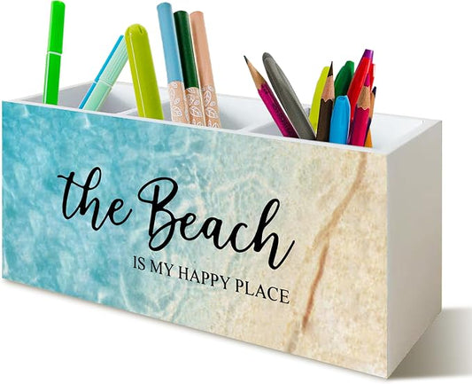 Beach Gifts for Women Men, The Beach Is My Happy Place Pen Holder for Home Office Kitchen Desk Decor, Beach Wooden Pencil Holder Sign Organizer for Home Office Desk Accessories,