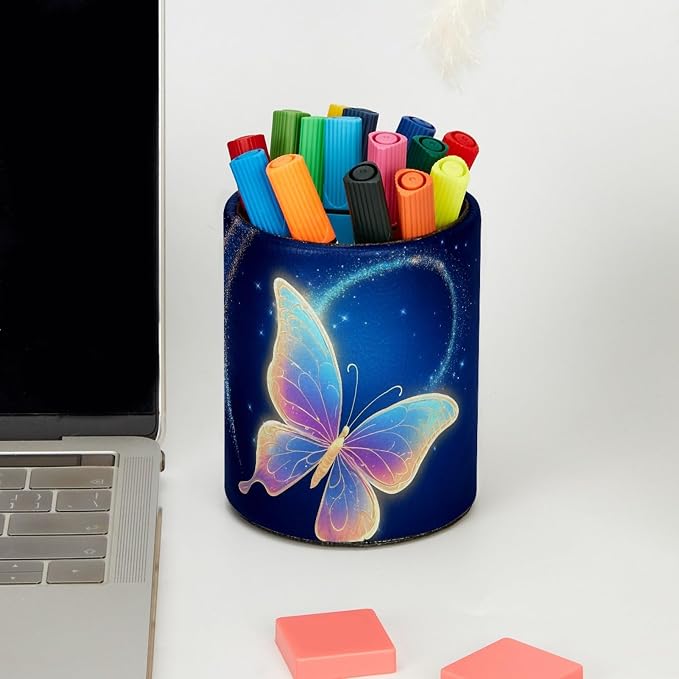 Leather Pen Holder for Desk, Butterfly Makeup Brushes Holder Pencil Cup Multifunctional Desktop Organizer Caddy for Home School Office Desk Accessories
